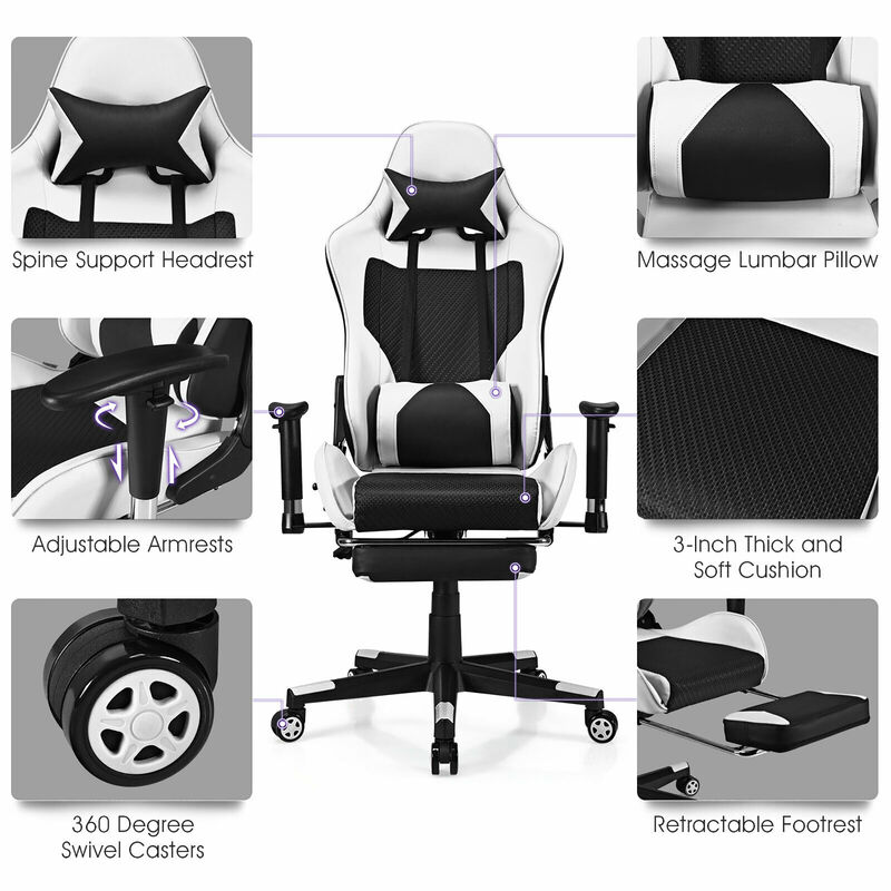 Costway Massage Gaming Chair Reclining Racing Office Computer Chair with Footrest Blue