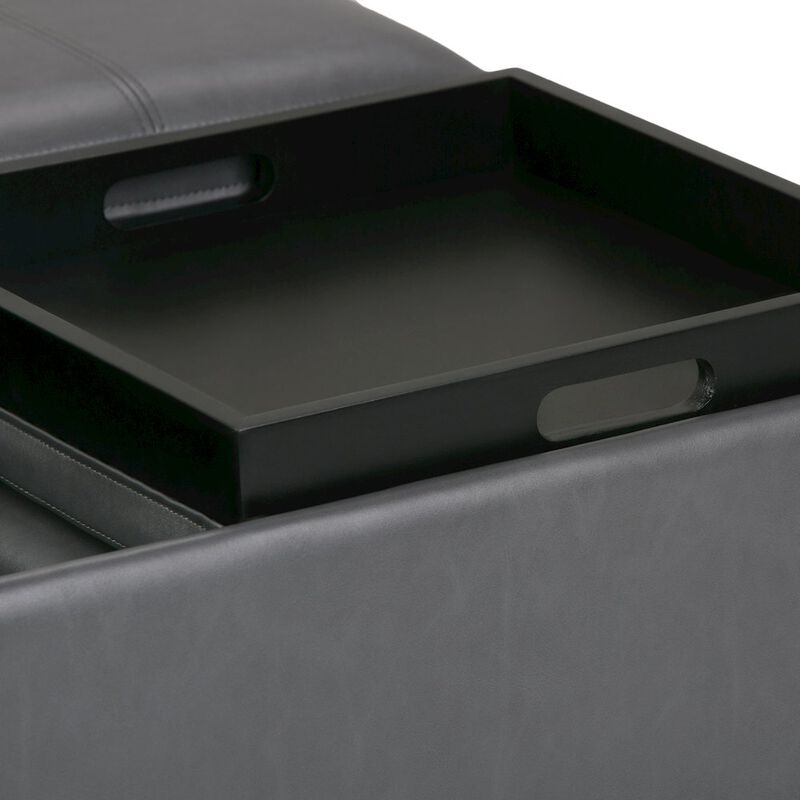 Simpli Home Avalon Square Coffee Table Storage Ottoman In Stone Grey Vegan Faux Leather