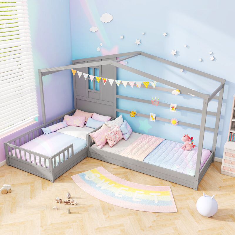 L-shaped Double House Platform Beds with Fences Corner Bed Frame