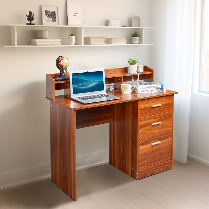 Modern Computer Desk Melamine Finish, Storage Layer, 3 Drawers, Letter File Holder