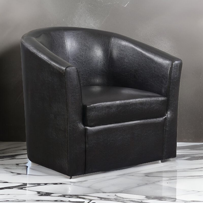 30 Inch Swivel Accent Chair, Barrel Back, Sloped Arms, Brown Faux Leather-Benzara