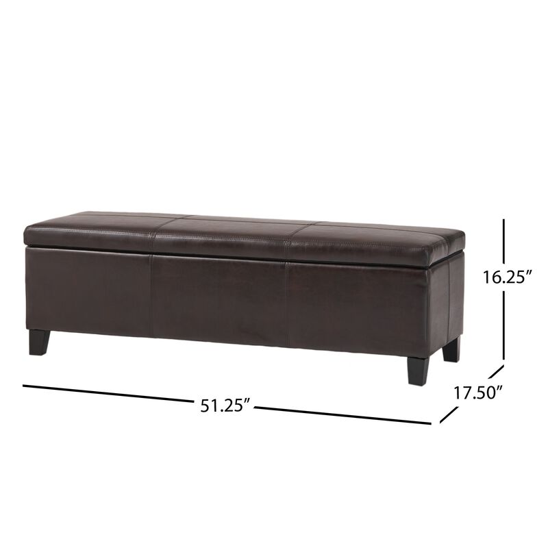 Elias Storage Ottoman Bench, Detailed Brown Faux Leather, 51 Inch -Benzara