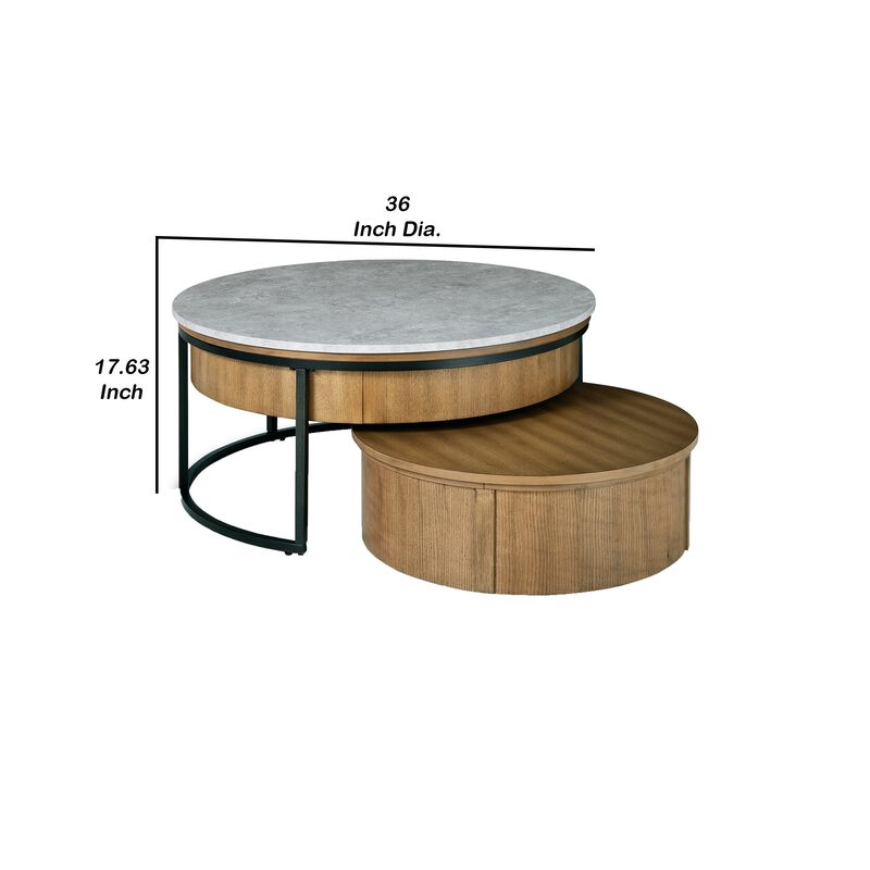 36 Inch 2 Piece Round Nesting Coffee Table, Lift Top Storage, Wheels, Brown-Benzara