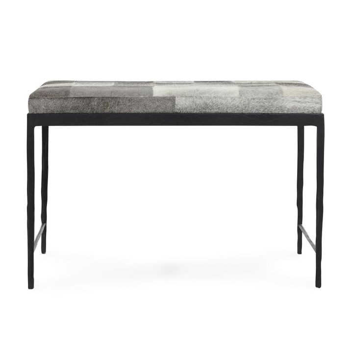 Leif Ottoman Bench with Gray Patchwork Leather Hide, Iron 28 Inch - Benzara