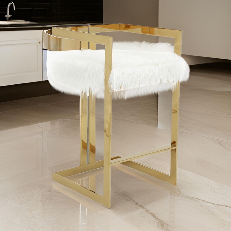 Suki 30 Inch Barstool Chair, White Faux Fur Seat, Stainless Steel, Gold - Benzara