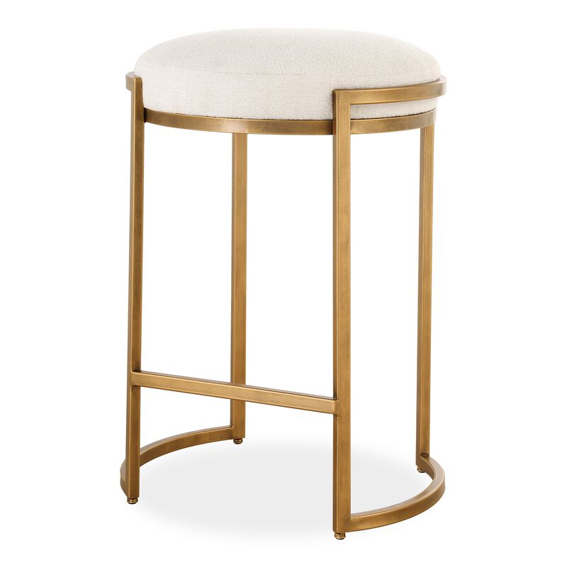 Fyn Counter Height Stool, Round Cream Fabric Seat, Brass Cantilever Base
