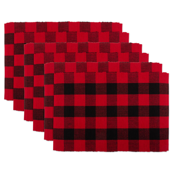 Set of 6 Red and Black Buffalo Rectangular Checkered Placemat  19"
