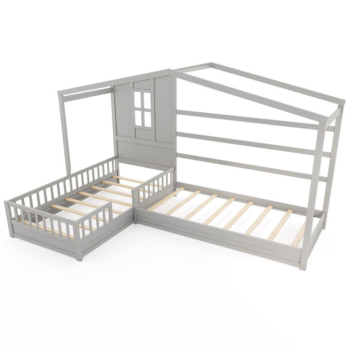 L-shaped Double House Platform Beds with Fences Corner Bed Frame