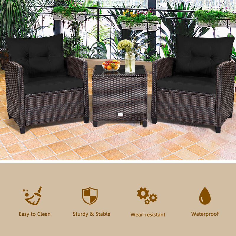 3 Pcs Patio Rattan Furniture Set Cushioned Conversation Set Coffee Table