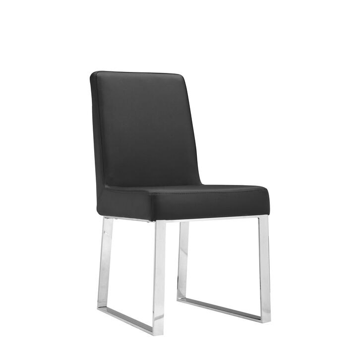 Ien 25 Inch Dining Chair Set of 2, Armless, Black Faux Leather, Chrome - Benzara