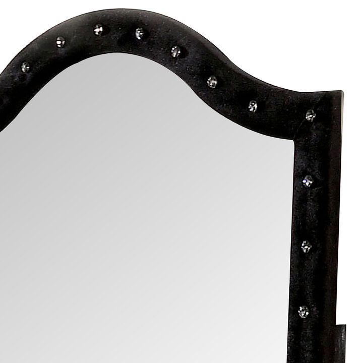 44 Inch Wall Mirror, Velvet Wrapping, Button Tufting, Black-Benzara