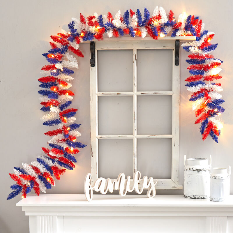 Hivvago 9" Patriotic "American Flag" Themed Artificial Garland with 50 Warm LED Lights