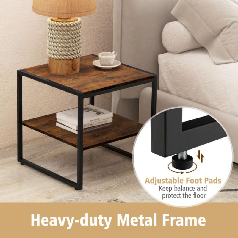 Hivvago 2 Pieces Industrial 2-Tier Side Table Set with Open Shelf-Rustic Brown