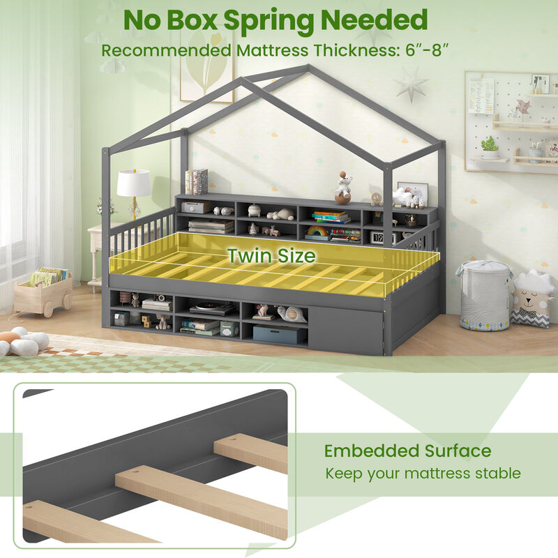 House Bed with Roof with 14 Storage Cubes and Enclosed Cabinet