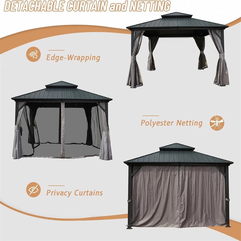 MONDAWE 12 X 12ft Outdoor Gazebo, Hardtop Aluminum Metal Gazebo with Galvanized Steel Double Roof Canopy, Curtain and Netting for Patio, Backyard, Deck, Lawn