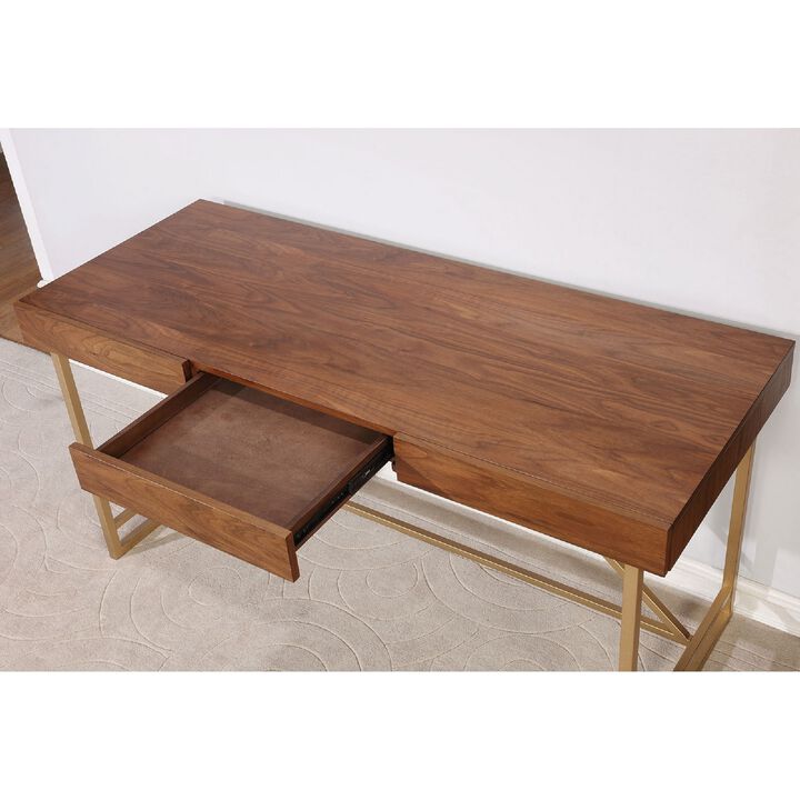 Modern Style Wooden Writing Desk with Unique Metal Legs, Walnut Brown and Gold-Benzara