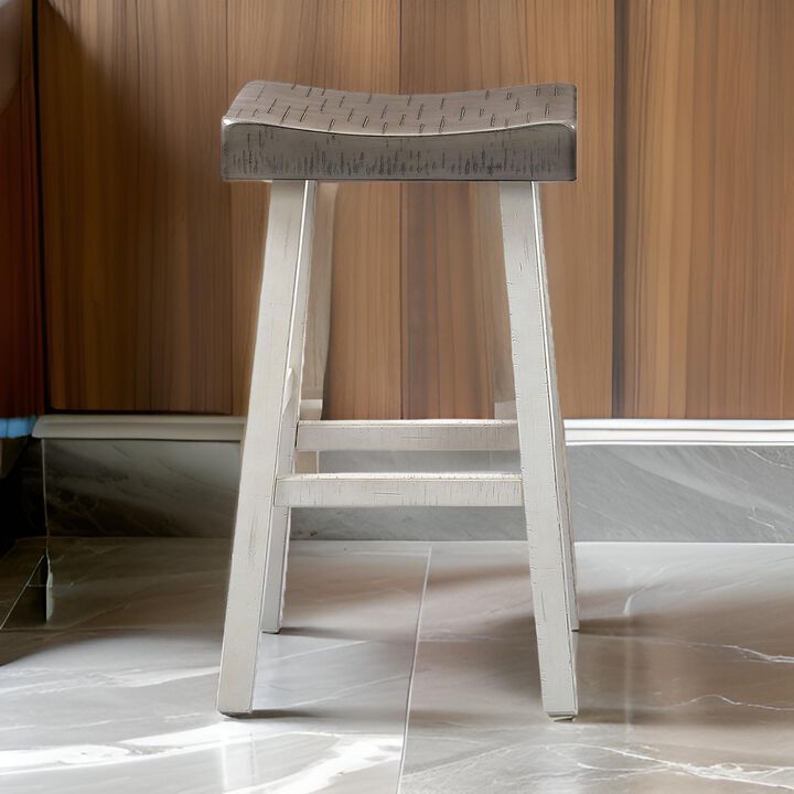 Bianca Counter Stool Set of 2, Dark Gray Saddle Seat, White Solid Wood