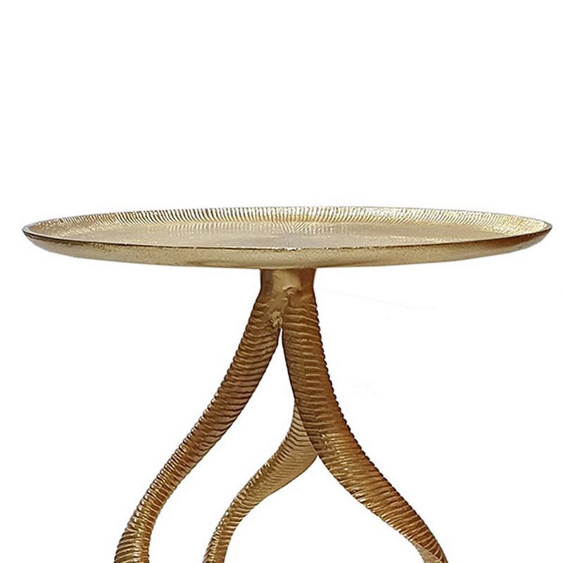24 Inch Accent Side Table, Antler Base Design, Ribbed Top, Aluminium, Gold - Benzara