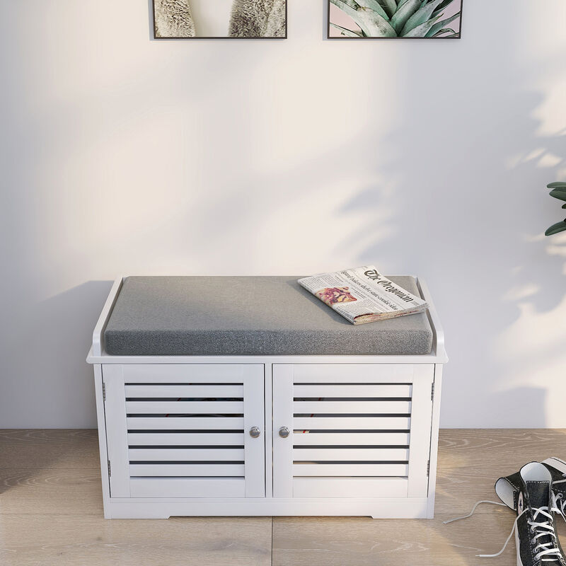 White 28.74 in. Bedroom Bench with 2 Barn Doors
