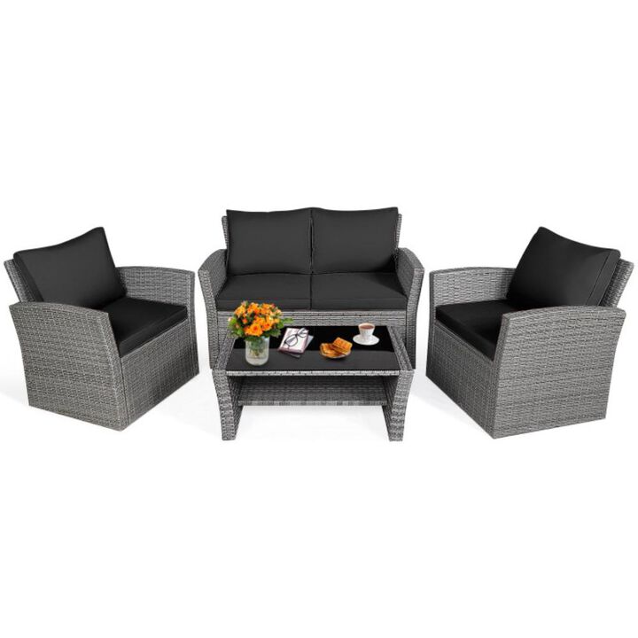 Hivvago 4 Pieces Patio Rattan Furniture Set Sofa Table with Storage Shelf Cushion