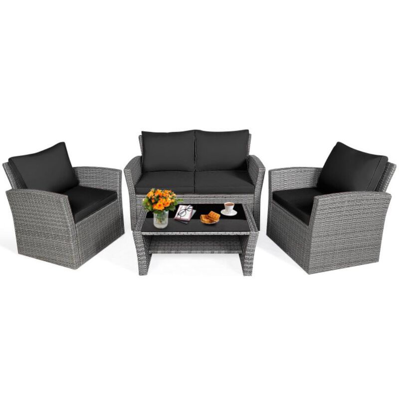 Hivvago 4 Pieces Patio Rattan Furniture Set Sofa Table with Storage Shelf Cushion