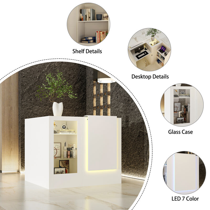 FUFU&GAGA Modern White Corner Reception Desk with LED Lights and USB,(47.2" W x 39.4" D x 40.6 H),White