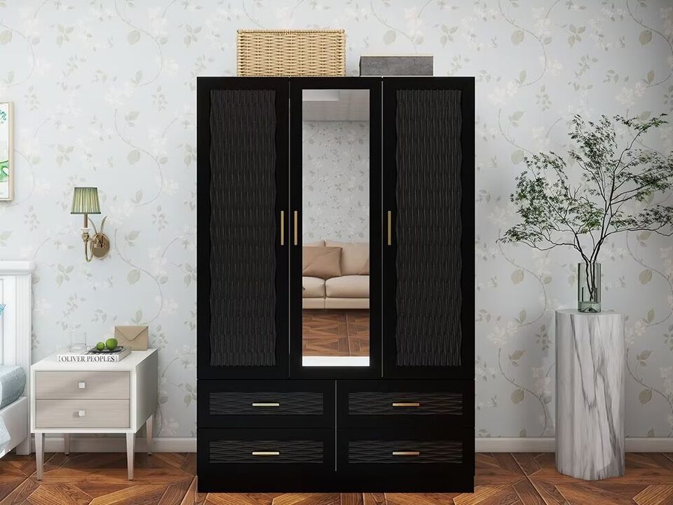 Wooden Armoire Wardrobe Closet Black 3 Doors, Hanging Rods, Mirror, 4 Drawers, Large Capacity Storage Cabinet Wardrobe Closet for Bedroom Armoire