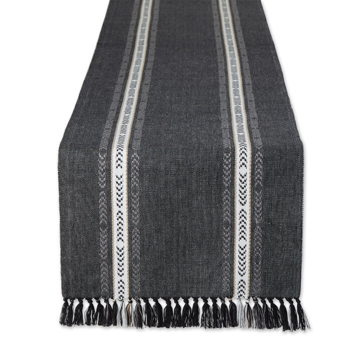 108" Black and White Striped Fringe Ribbed Table Runner