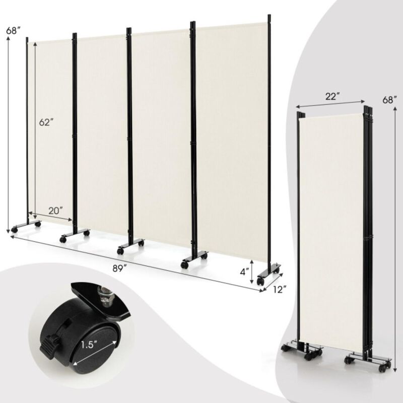 Hivvago 4-Panel Folding Room Divider 6 Feet Rolling Privacy Screen with Lockable Wheels