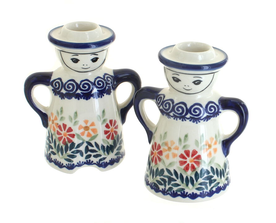 Blue Rose Polish Pottery Sunflower Lady & Man Candlestick Holders