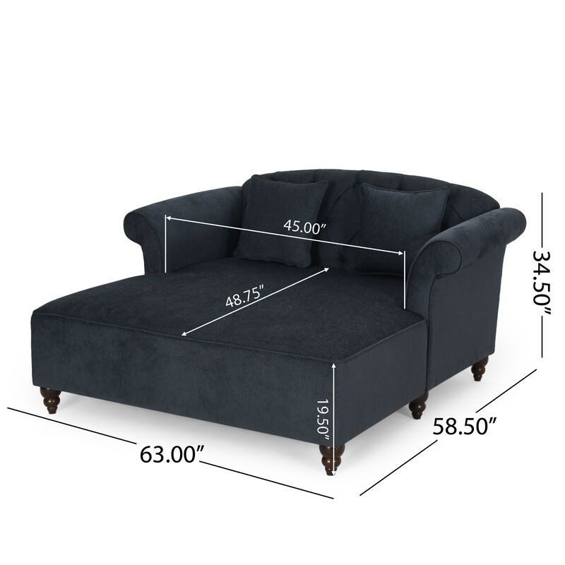 Loveseat Chaise Lounger, 2 Pillows, 63 Inch Wood Frame, Charcoal Gray