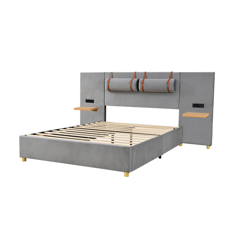 Merax Velvet Platform Bed  with Built-in Pillows