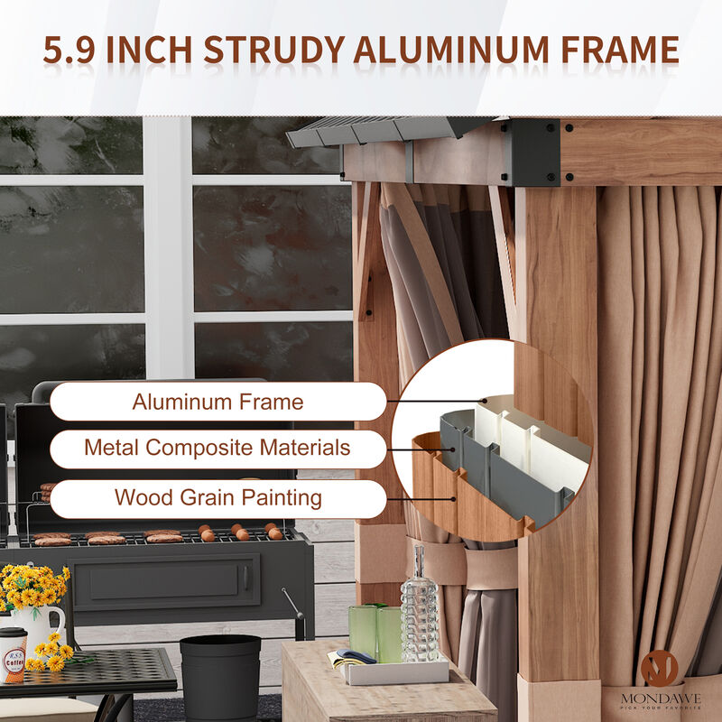 MONDAWE 13 ft. x 11 ft. Patio Hardtop Gazebo Gable Roof  Aluminium Frame Galvanized Steel Top with Curtain and Netting