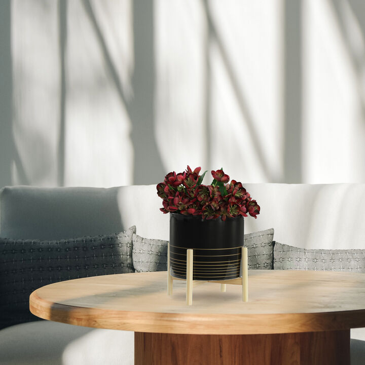 12" Ceramic Metallic Planter with Wood Stand, Black
