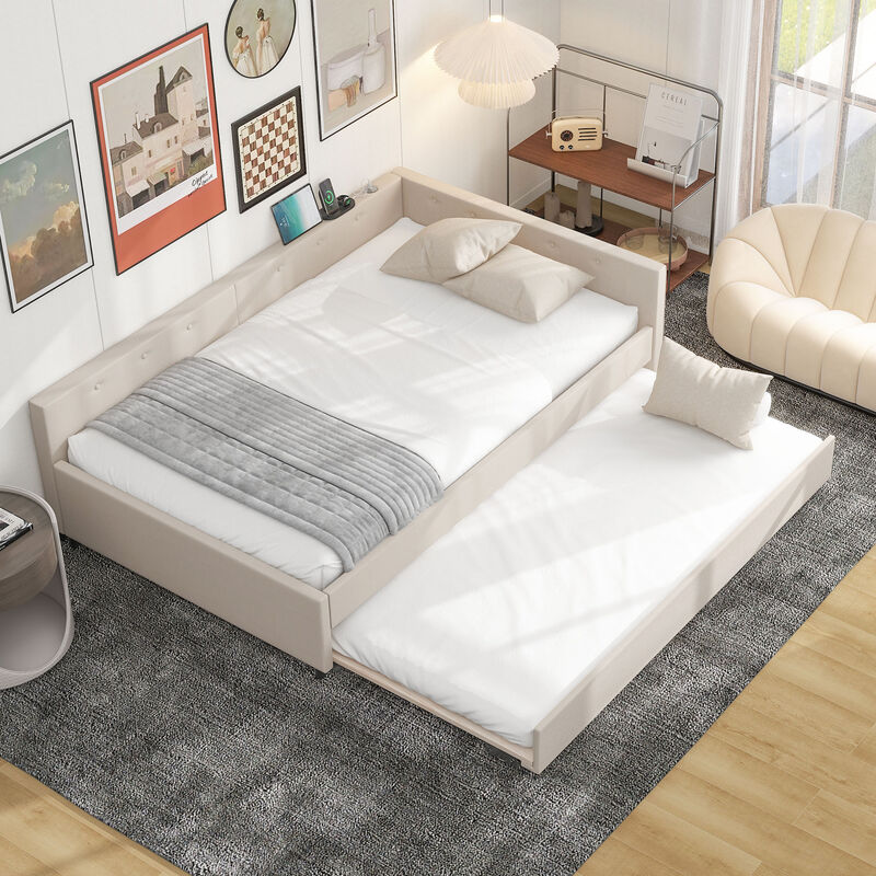 Merax Upholstered Platform Bed with USB and Trundle