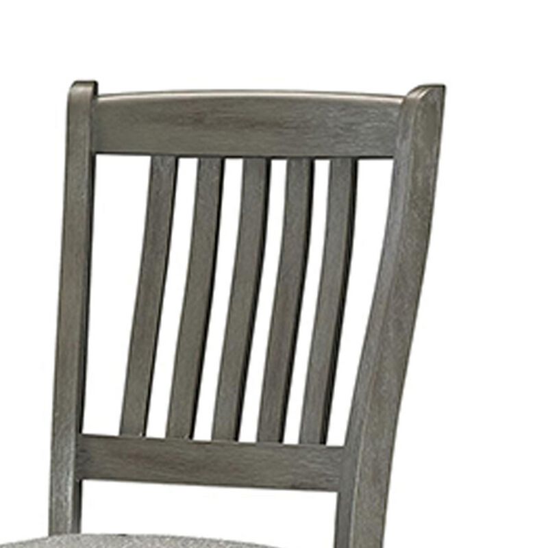 26 Inch Counter Height Chair Set of 2, Slat Back, Gray Wood, Fabric Seat - Benzara