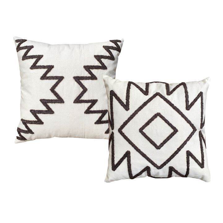 17 x 17 Inch Square Cotton Accent Throw Pillows, Geometric Aztec Embroidery, Set of 2, White, Gray-Benzara
