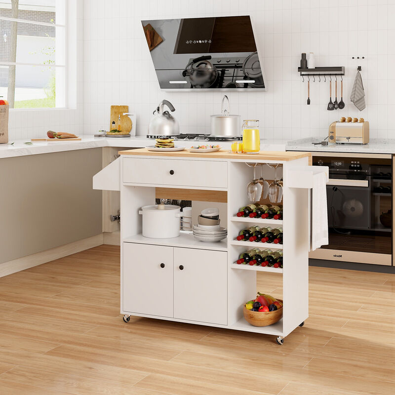 Drop Leaf Mobile Kitchen Island Cart with Power Outlet and Adjustable Shelf