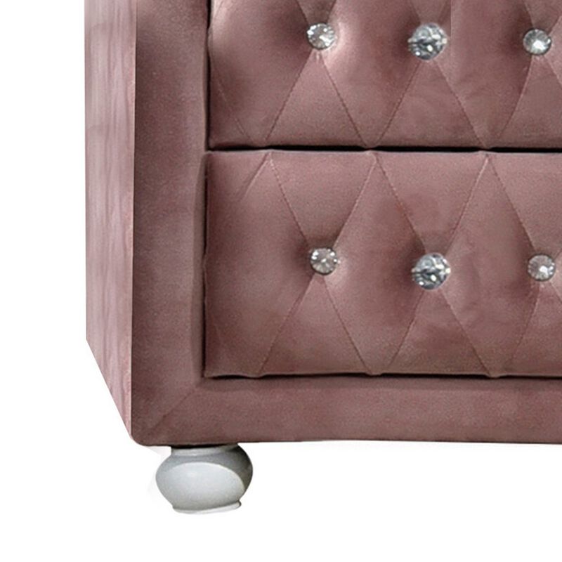 Rex 17 Inch Modern Upholstered Nightstand, 2 Drawer, Crystal Handles, Pink-Benzara
