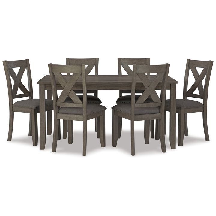 7 Piece Dining Table Set, Lattice Back Chairs, Dark Gray Wood, Polyester - Benzara