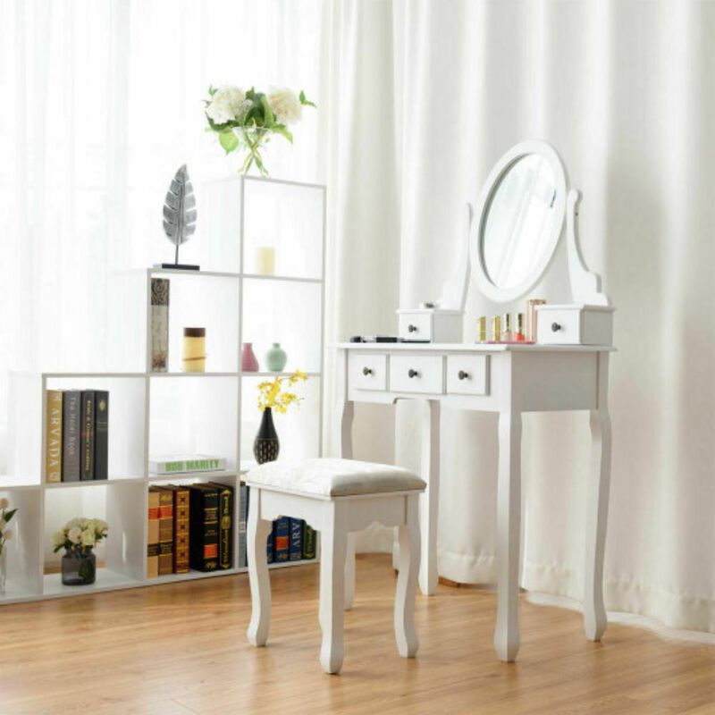 Dressing Table Set with Oval Mirror Stool and 5 Storage Drawers