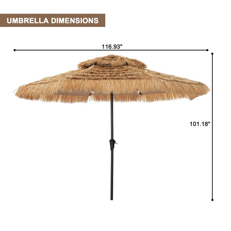 Mondawe 10 ft Hawaiian Style Crank Design 2 Tier Straw Patio Umbrella Shade with LED Light