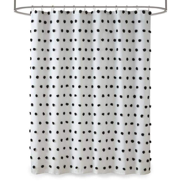 Belen Kox Black Pom Pom Clip Shower Curtain, Belen Kox