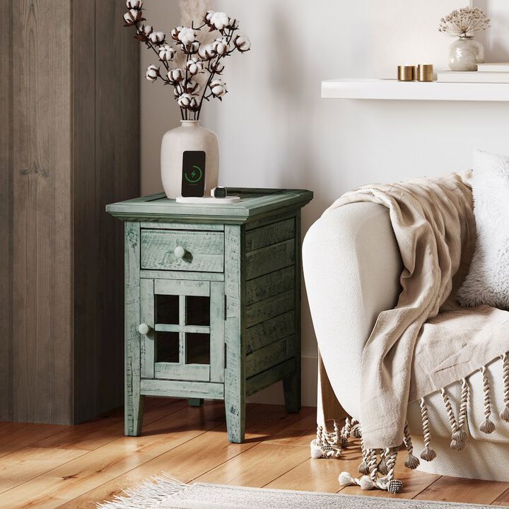 Jofran Inc. Rustic Shores Farmhouse USB Charging End Table with Storage, Surfside