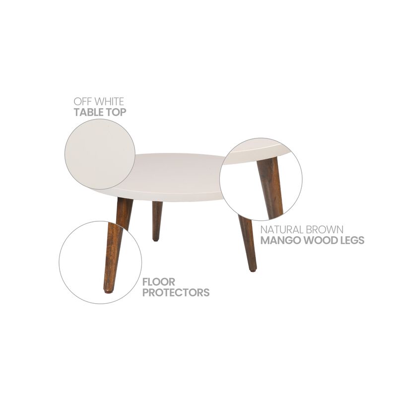 24 Inch Modern Coffee Table, Round Off White MDF Top, Tapered Brown Mango Wood Legs-Benzara