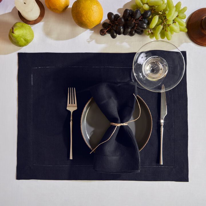 Solino Home 100% Pure Linen Placemats Set of 4, 14 x 19 Inch| Sonoma Hemstitch