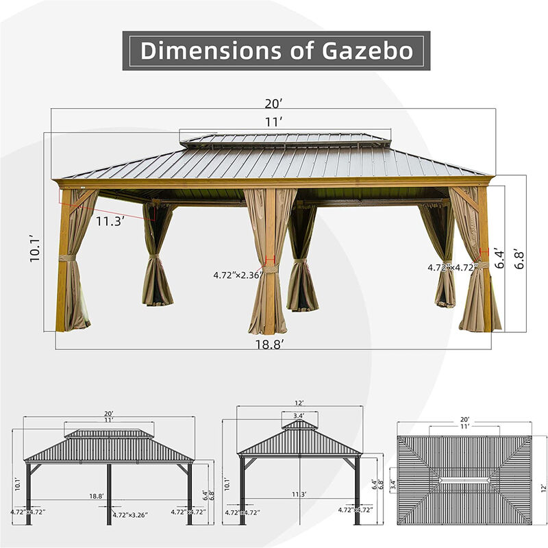 MONDAWE 12x20ft Hardtop Gazebo Outdoor Aluminum Wood Grain Gazebos with Galvanized Steel Double Canopy for Patios Deck Backyard,Curtains&Netting (Wood-Looking)