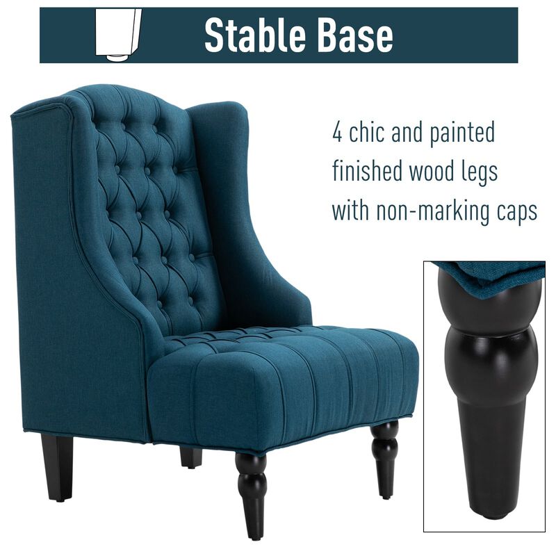 Dark Blue Wingback Beauty: Tufted Linen Accent Chair with Wooden Legs