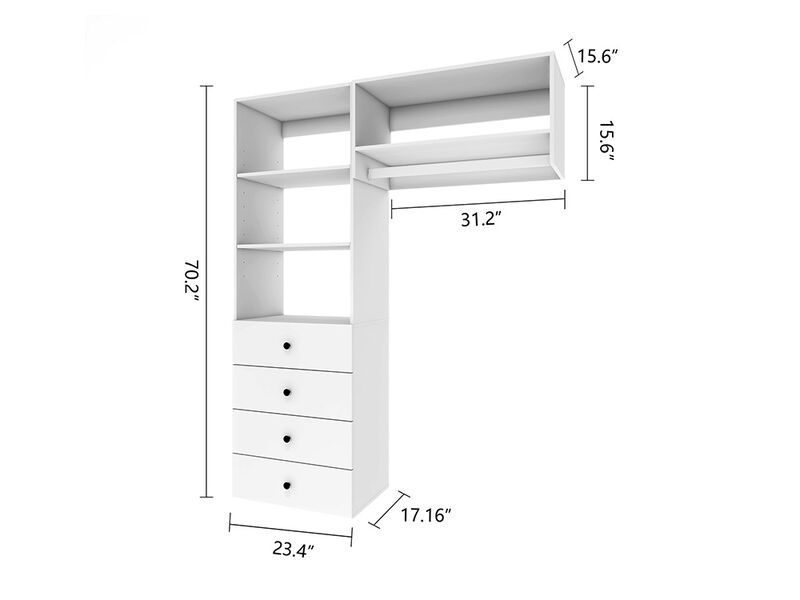Wood Closet System with 4 Drawers Modular  Storage Cabinet, Hanging Rod and 4 Shelves Clothes Garment Rack Wall Mount or Built-in Organizer for Bedroom 