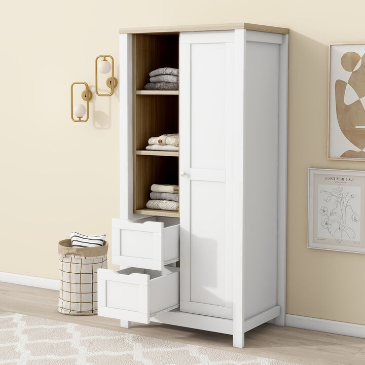 Modern Farmhouse Wardrobe with Sliding Door, Drawers, and Shelves